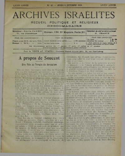 Archives israélites de France. Vol.80 N°41 (09 oct. 1919)